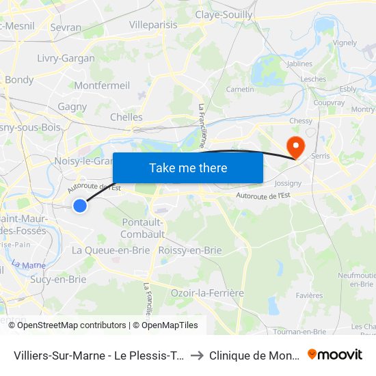 Villiers-Sur-Marne - Le Plessis-Trévise RER to Clinique de Montévrain map
