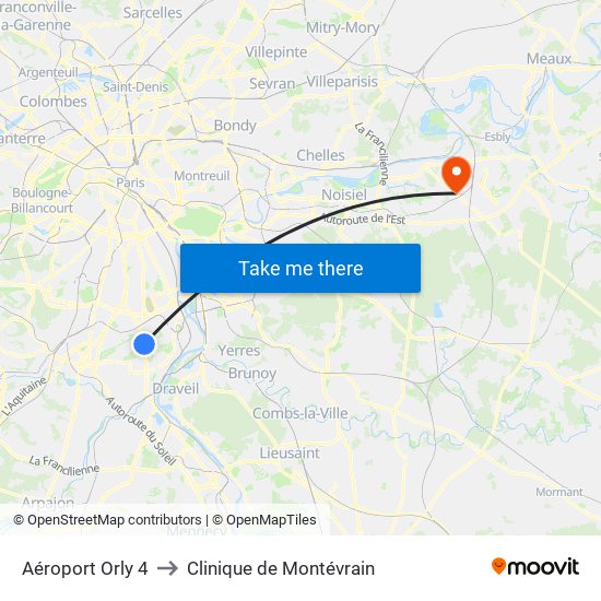 Aéroport Orly 4 to Clinique de Montévrain map