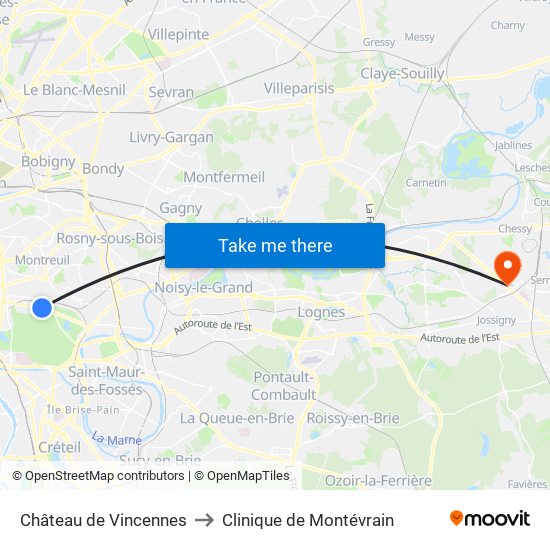 Château de Vincennes to Clinique de Montévrain map