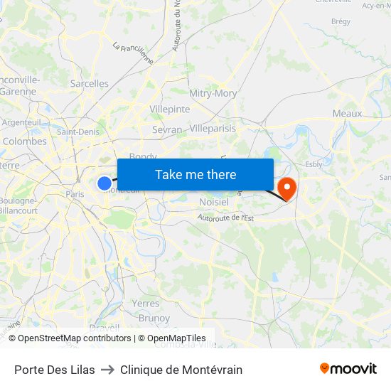 Porte Des Lilas to Clinique de Montévrain map