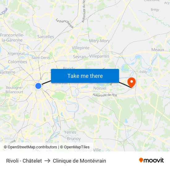 Rivoli - Châtelet to Clinique de Montévrain map