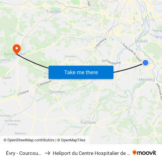Évry - Courcouronnes to Heliport du Centre Hospitalier de Rambouillet map