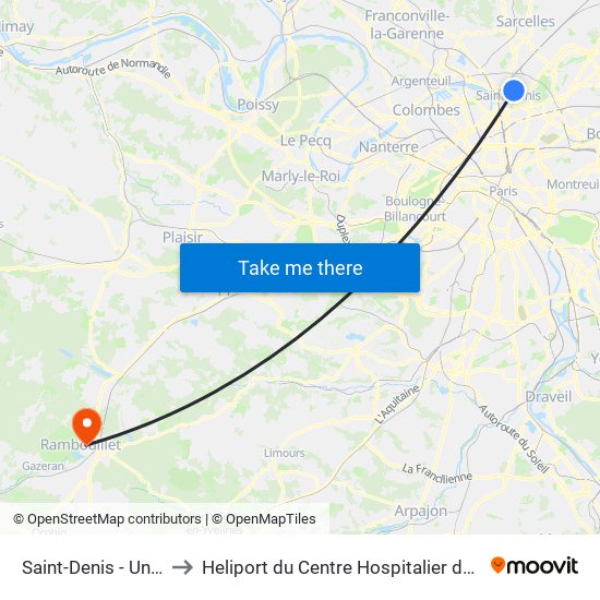 Saint-Denis - Université to Heliport du Centre Hospitalier de Rambouillet map