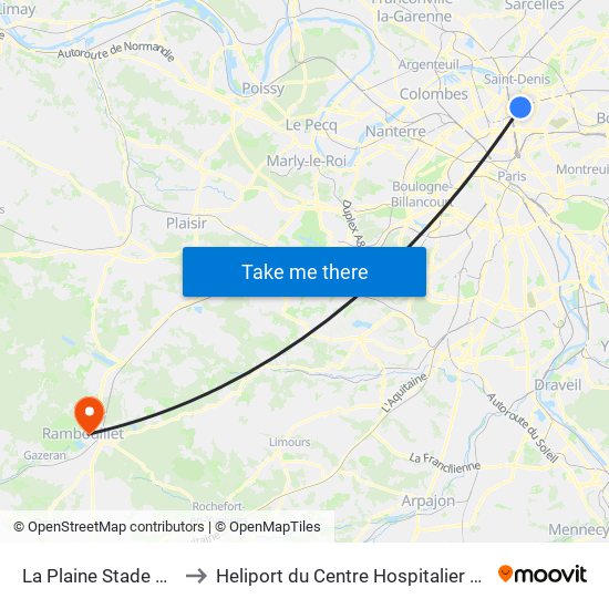 La Plaine Stade de France to Heliport du Centre Hospitalier de Rambouillet map