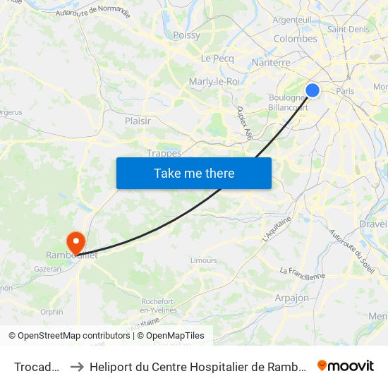 Trocadéro to Heliport du Centre Hospitalier de Rambouillet map