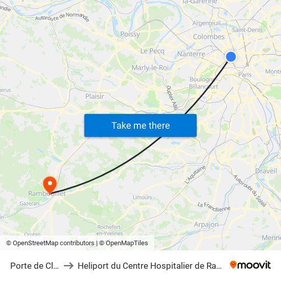 Porte de Clichy to Heliport du Centre Hospitalier de Rambouillet map