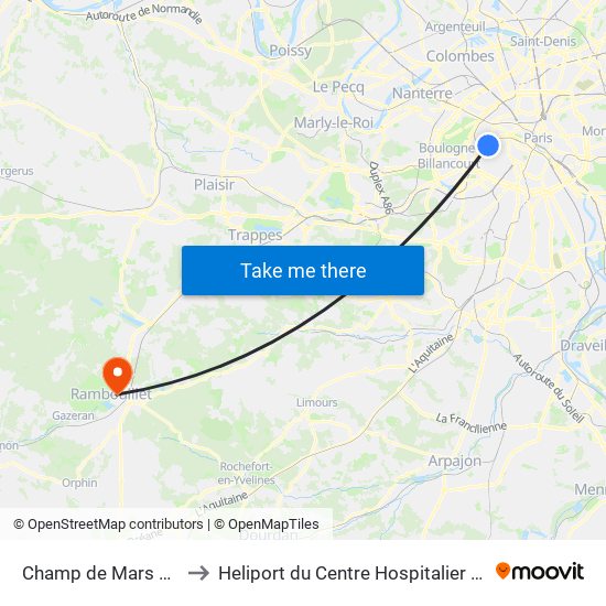 Champ de Mars Tour Eiffel to Heliport du Centre Hospitalier de Rambouillet map
