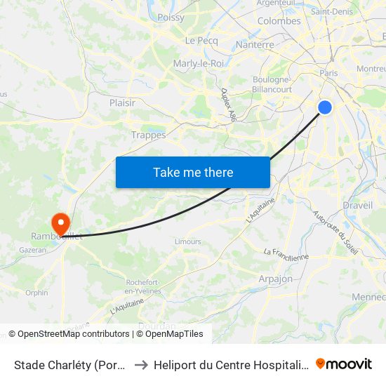Stade Charléty (Porte de Gentilly) to Heliport du Centre Hospitalier de Rambouillet map