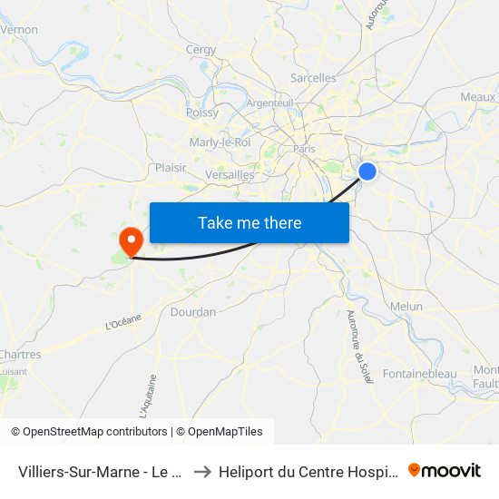 Villiers-Sur-Marne - Le Plessis-Trévise RER to Heliport du Centre Hospitalier de Rambouillet map
