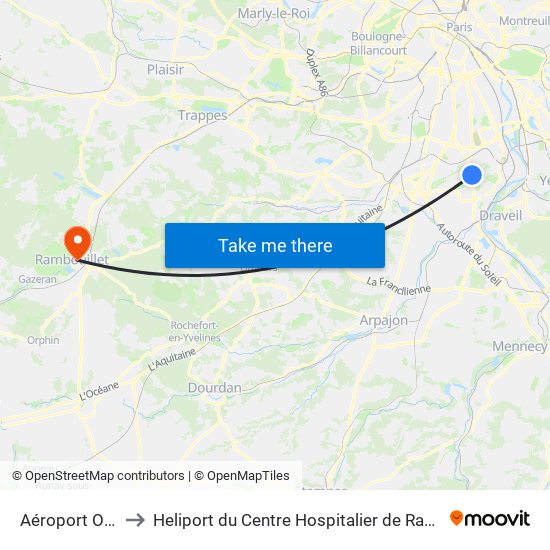 Aéroport Orly 4 to Heliport du Centre Hospitalier de Rambouillet map