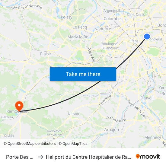 Porte Des Lilas to Heliport du Centre Hospitalier de Rambouillet map