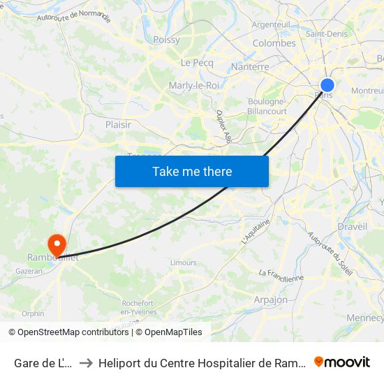 Gare de L'Est to Heliport du Centre Hospitalier de Rambouillet map