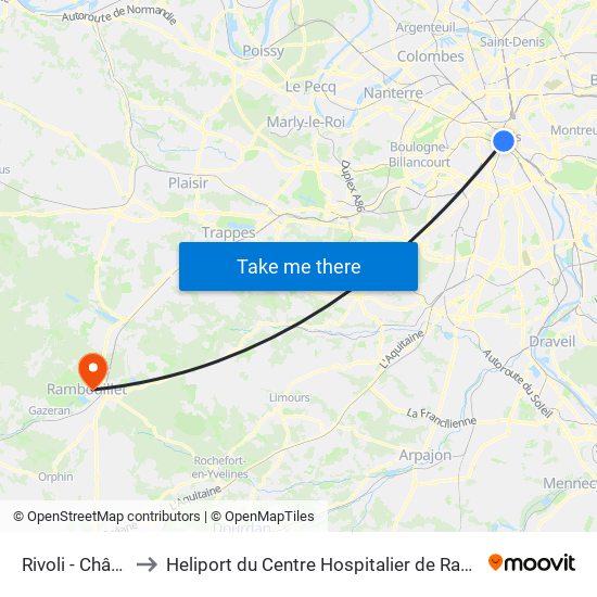 Rivoli - Châtelet to Heliport du Centre Hospitalier de Rambouillet map