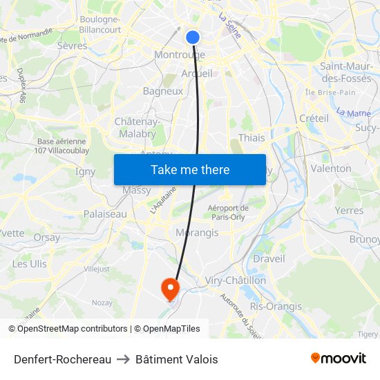 Denfert-Rochereau to Bâtiment Valois map