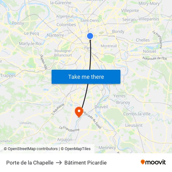 Porte de la Chapelle to Bâtiment Picardie map