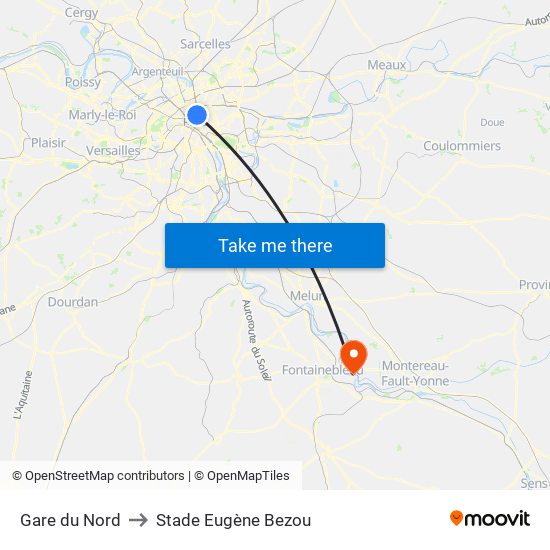 Gare du Nord to Stade Eugène Bezou map
