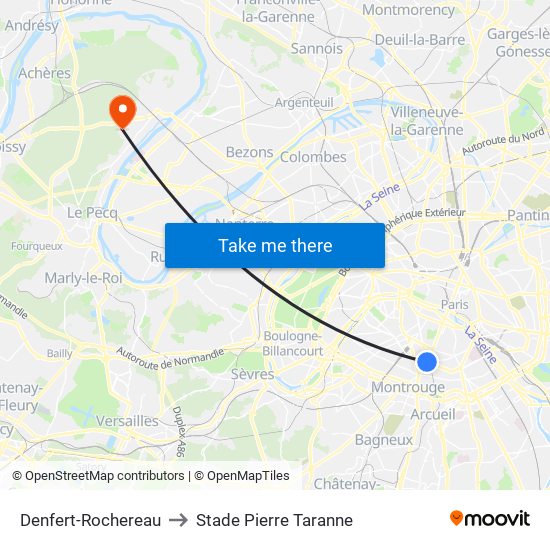 Denfert-Rochereau to Stade Pierre Taranne map