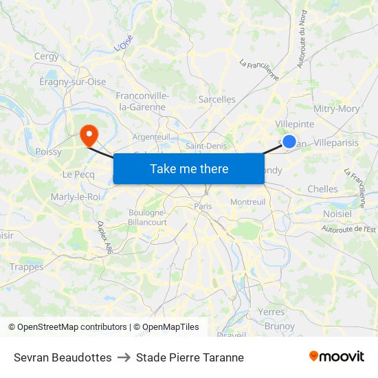 Sevran Beaudottes to Stade Pierre Taranne map
