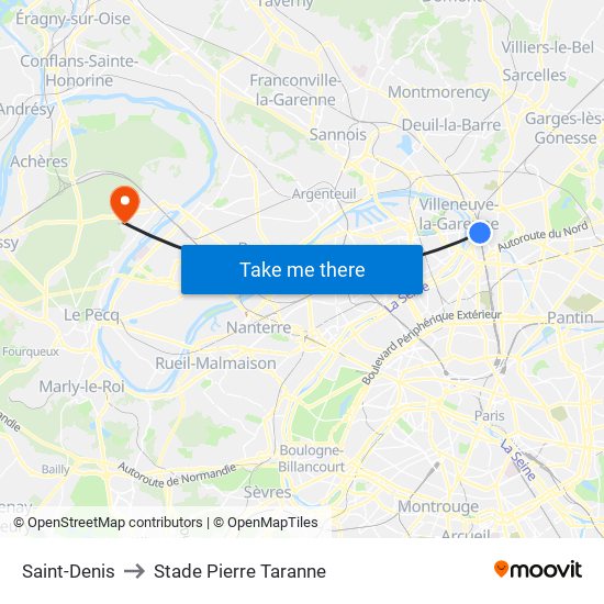 Saint-Denis to Stade Pierre Taranne map