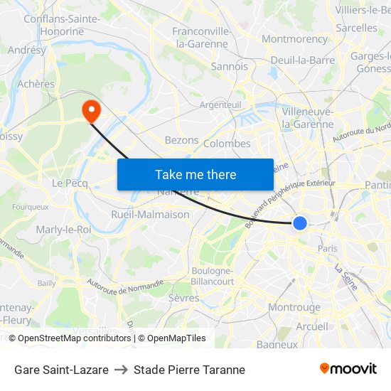 Gare Saint-Lazare to Stade Pierre Taranne map