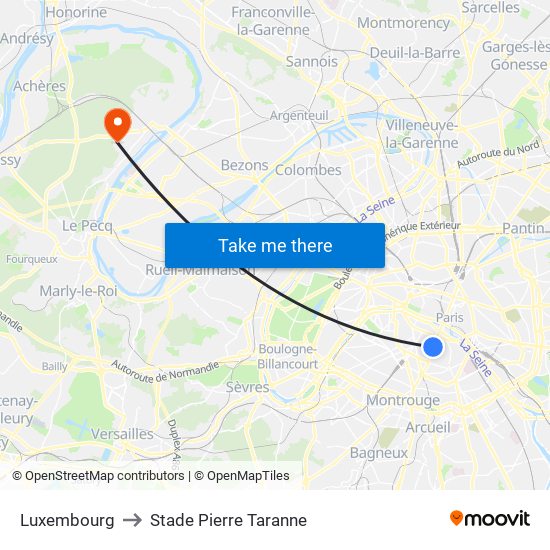 Luxembourg to Stade Pierre Taranne map