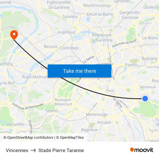 Vincennes to Stade Pierre Taranne map