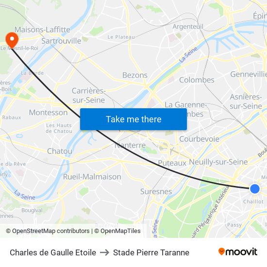 Charles de Gaulle Etoile to Stade Pierre Taranne map