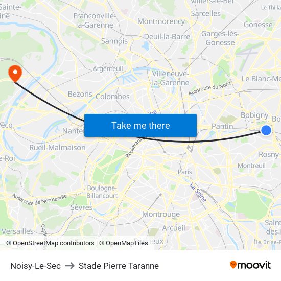 Noisy-Le-Sec to Stade Pierre Taranne map