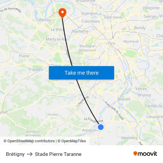 Brétigny to Stade Pierre Taranne map