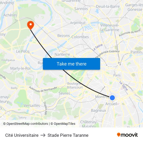 Cité Universitaire to Stade Pierre Taranne map