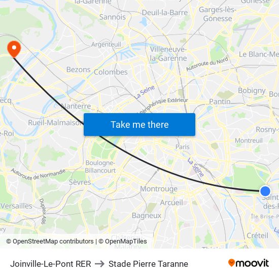 Joinville-Le-Pont RER to Stade Pierre Taranne map