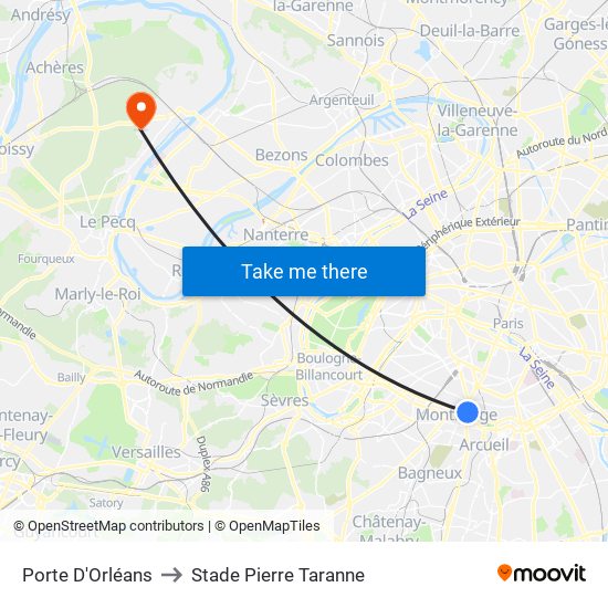 Porte D'Orléans to Stade Pierre Taranne map