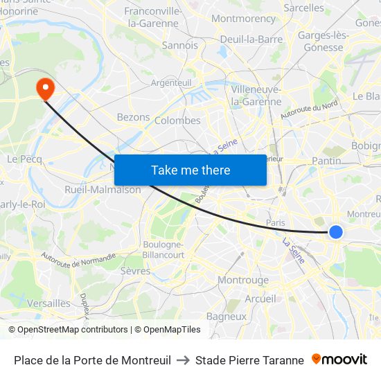 Place de la Porte de Montreuil to Stade Pierre Taranne map