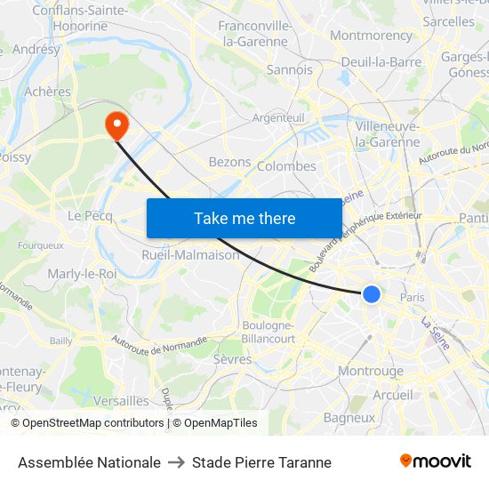 Assemblée Nationale to Stade Pierre Taranne map