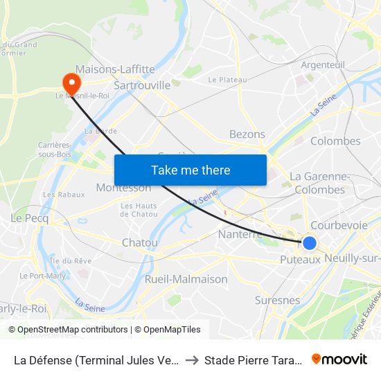 La Défense (Terminal Jules Verne) to Stade Pierre Taranne map