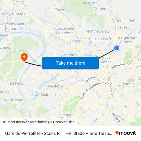 Gare de Pierrefitte - Stains RER to Stade Pierre Taranne map