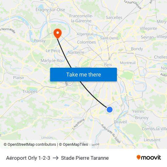 Aéroport Orly 1-2-3 to Stade Pierre Taranne map