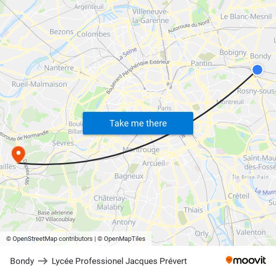 Bondy to Lycée Professionel Jacques Prévert map