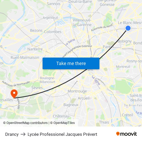 Drancy to Lycée Professionel Jacques Prévert map