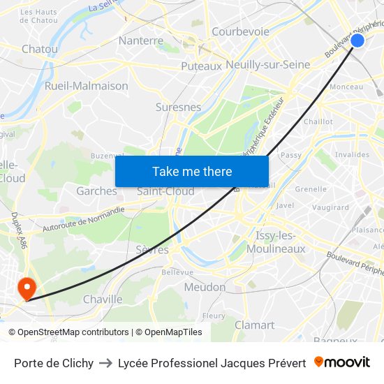 Porte de Clichy to Lycée Professionel Jacques Prévert map
