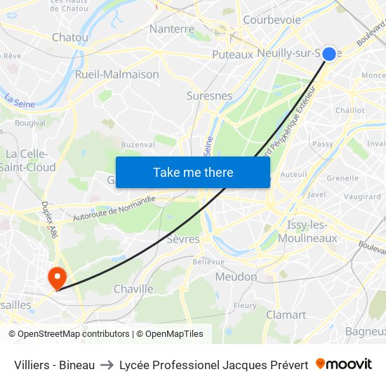 Villiers - Bineau to Lycée Professionel Jacques Prévert map