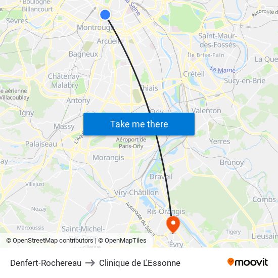 Denfert-Rochereau to Clinique de L'Essonne map