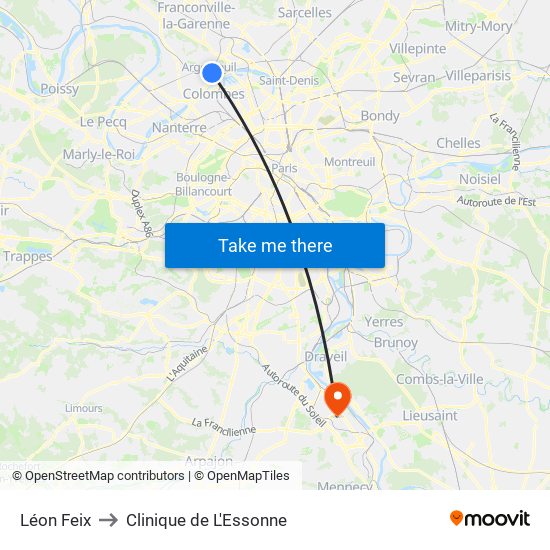 Léon Feix to Clinique de L'Essonne map