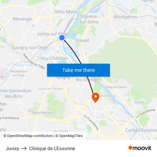 Juvisy to Clinique de L'Essonne map