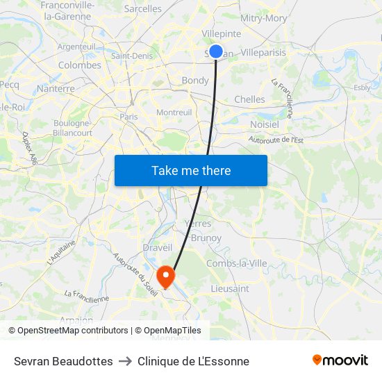 Sevran Beaudottes to Clinique de L'Essonne map
