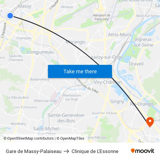 Gare de Massy-Palaiseau to Clinique de L'Essonne map