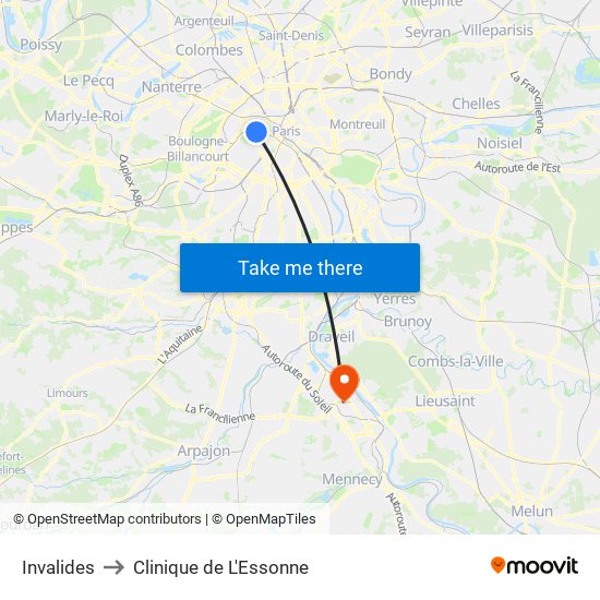 Invalides to Clinique de L'Essonne map