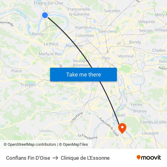 Conflans Fin D'Oise to Clinique de L'Essonne map