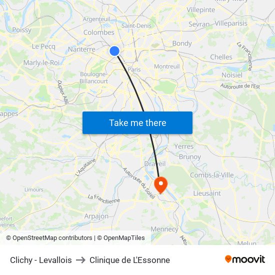 Clichy - Levallois to Clinique de L'Essonne map