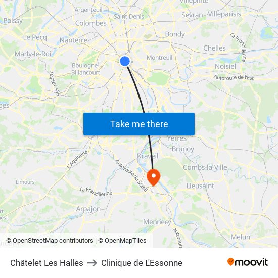 Châtelet Les Halles to Clinique de L'Essonne map